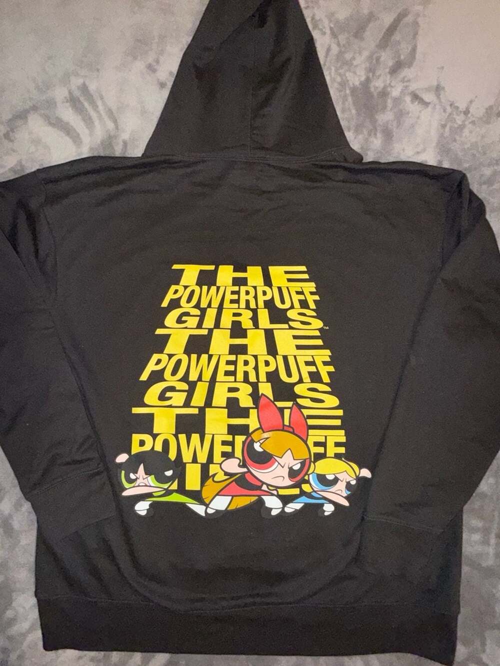 The Powerpuff Girls Black Hoodie Sweatshirt with Stacked Text and Characters
